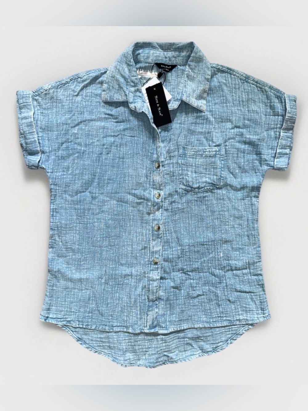 Sim & Sam Women Short Sleeve Cotton Shirt Size M Blue Denim Look Button Up New